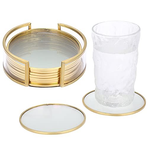 JUXYES Set of 8 Glass Coasters with Holder, Golden Brass Coasters for Round