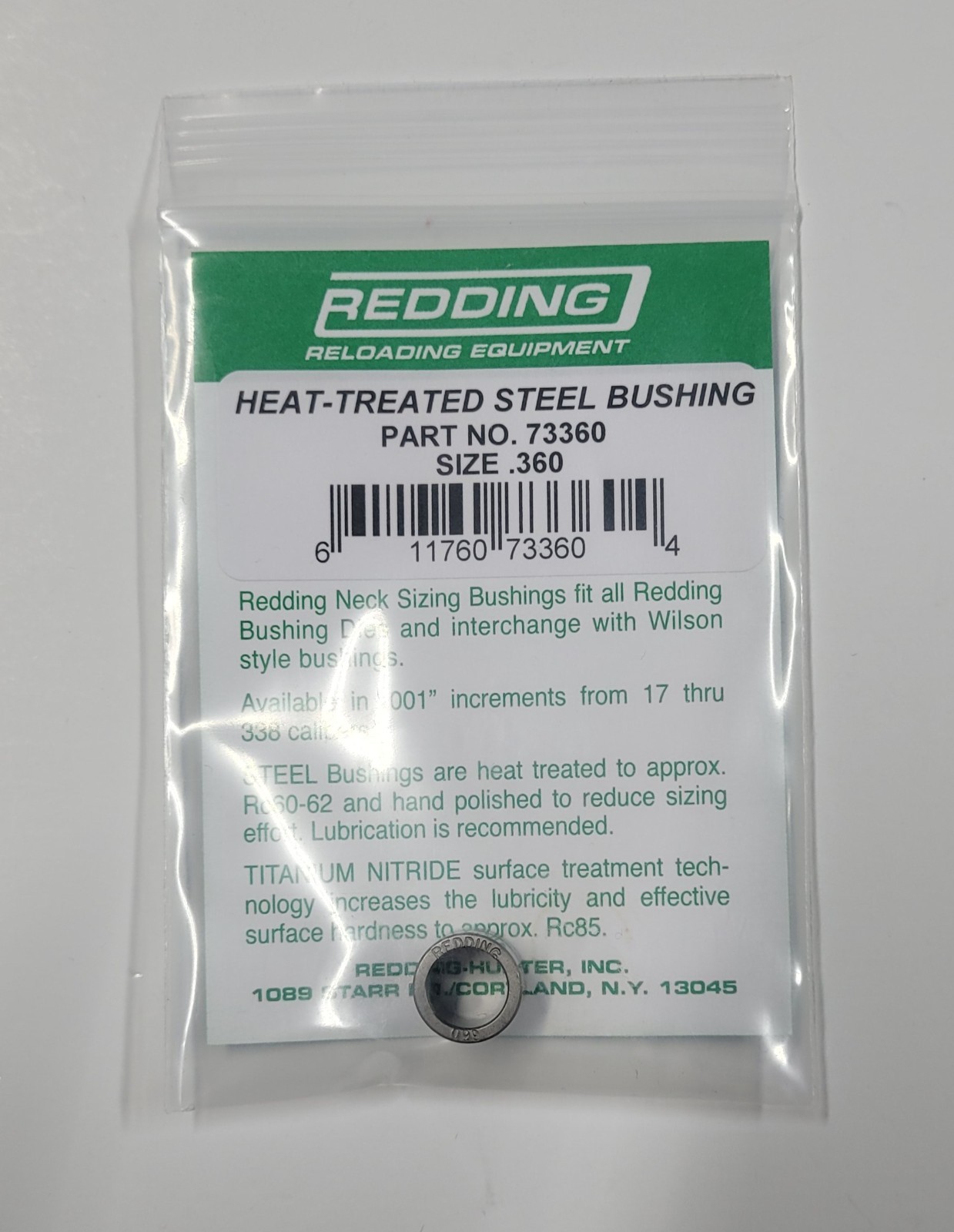 73360 REDDING HEAT TREATED STEEL .360 NECK SIZE BUSHING - BRAND NEW - FREE SHIP