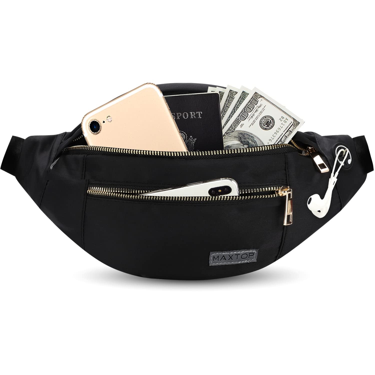 Fashion Crossbody Fanny Pack Large, Black(upgrade Fabric Gold Metal Zipper)