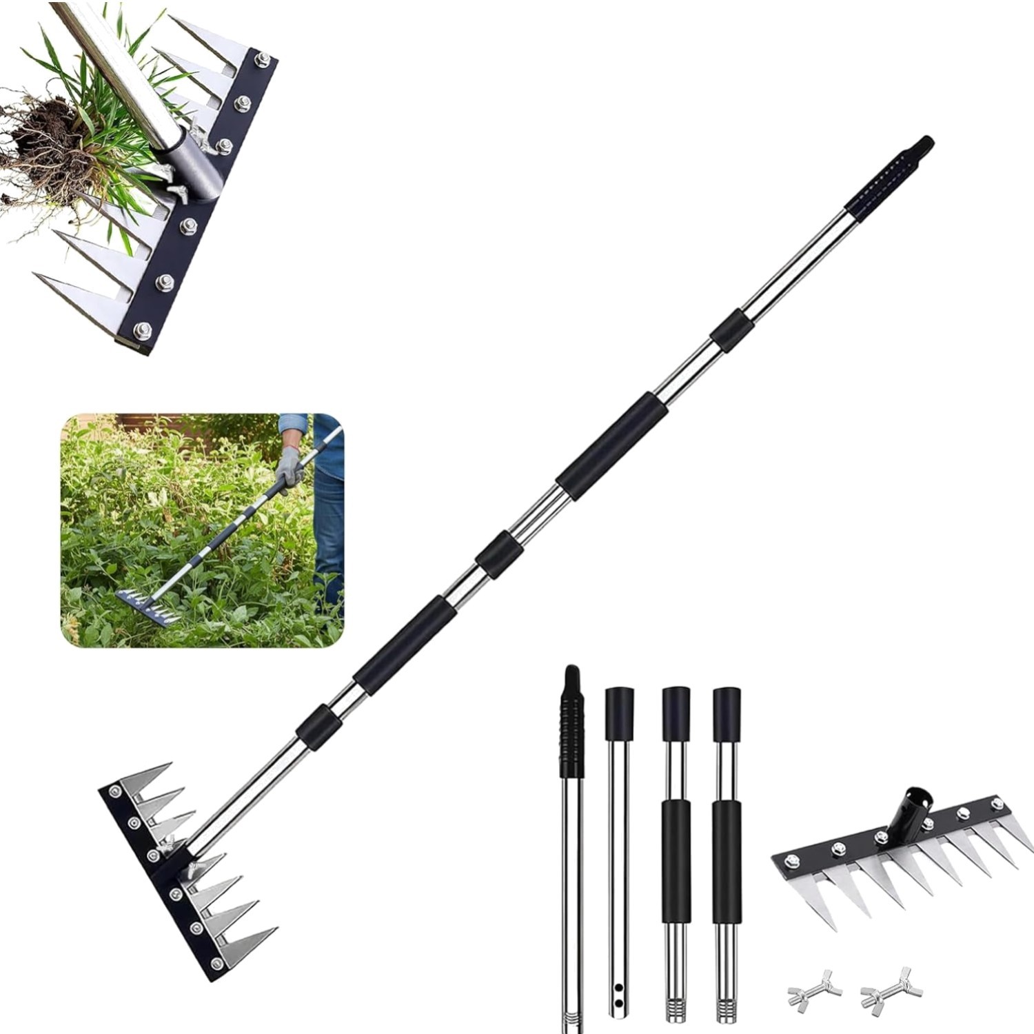 Iron Rake for Weeding, Garden Metal Rake Heavy Duty with 60 Inch Long Handle,...