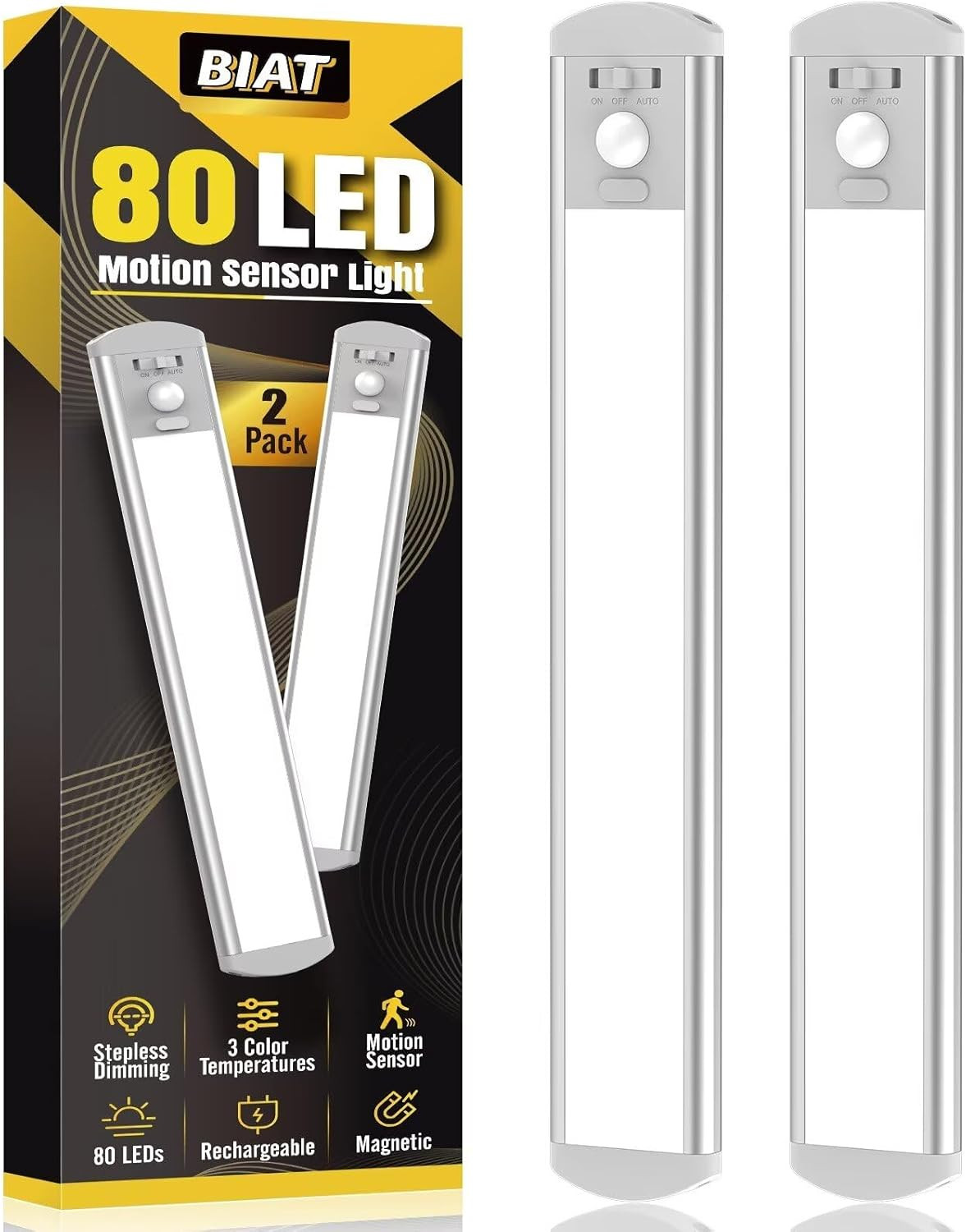 Rechargeable Motion Sensor Under Cabinet Lights, 80 LEDs, Dimmable, 3 Colors