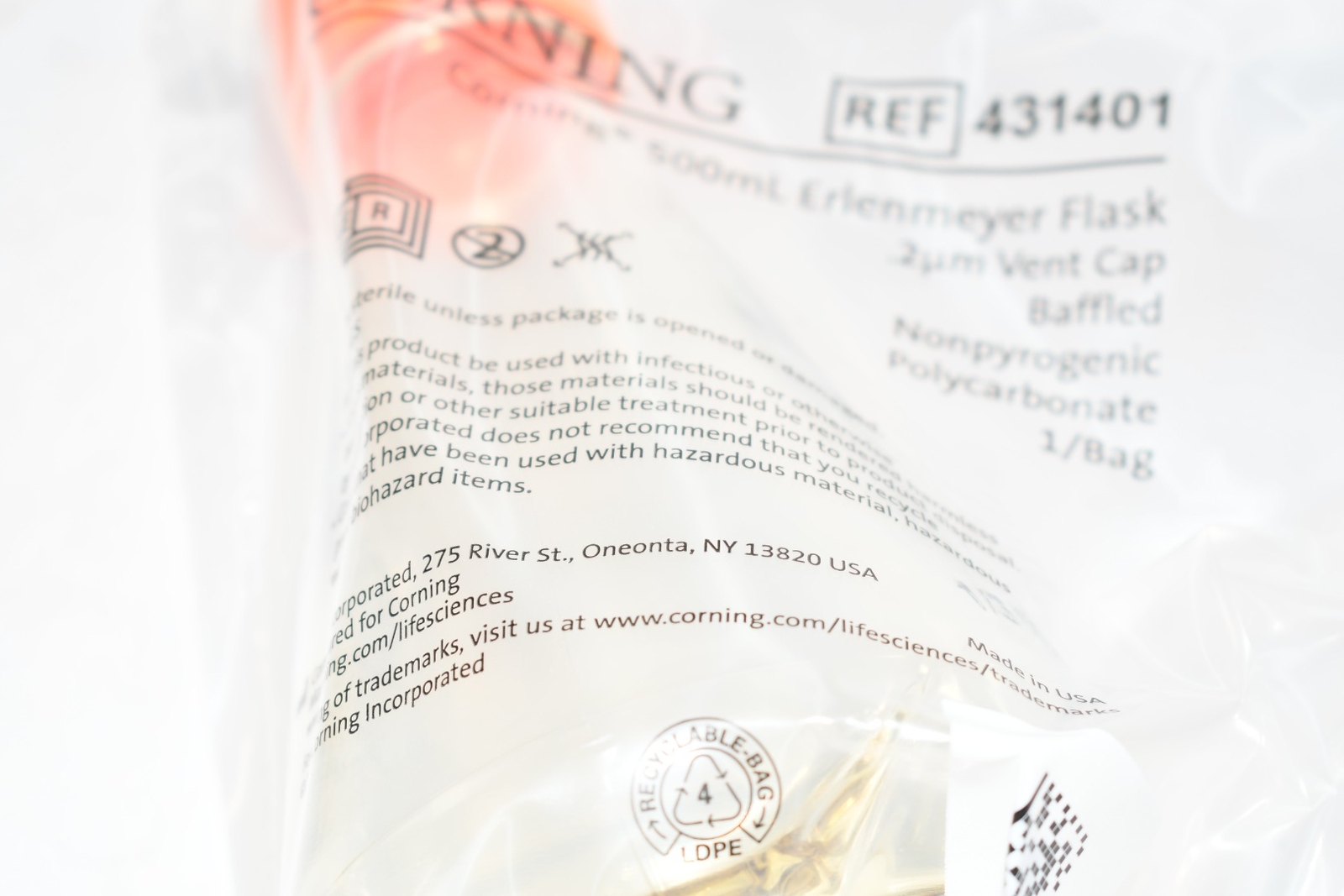 NEW Corning 431401 500 mL Baffled Polycarbonate Erlenmeyer Flask 15 Pieces