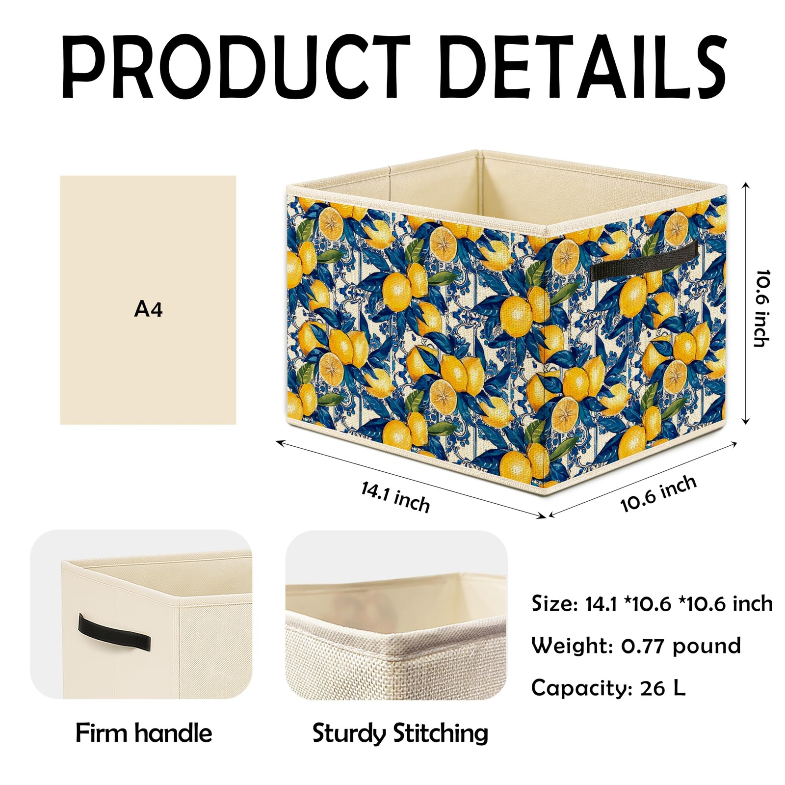 Navy Blue Lemon Storage Bin Box, Italian Mediterranean Summer Lemon Fruit Bot...