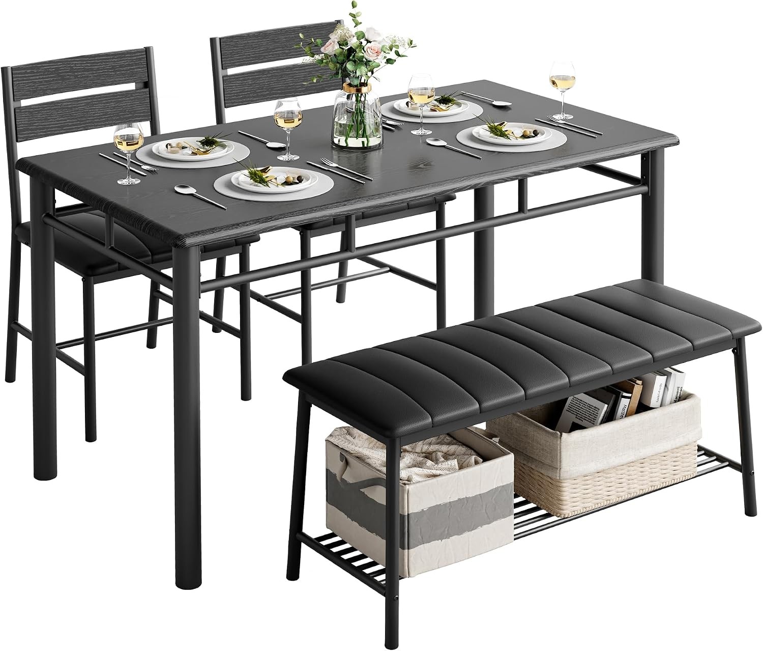 Dining Table Set for 4, Kitchen Table with Upholstered Bench and 2 Chairs,