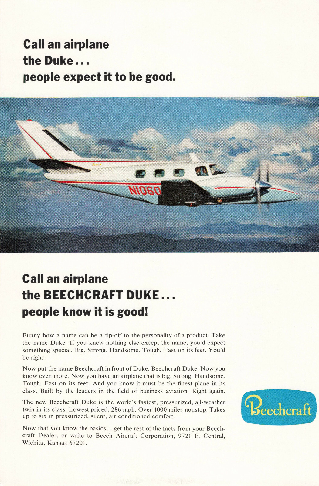 Beechcraft Duke All Weather Twin Engine Aircraft Vintage Print Ad