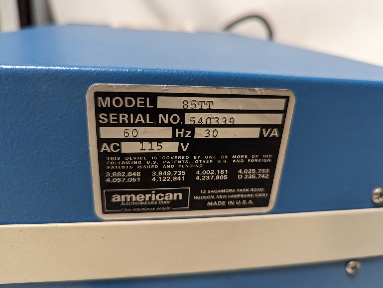 American Electromedics 85TT automatic tympanograph, the TYMP