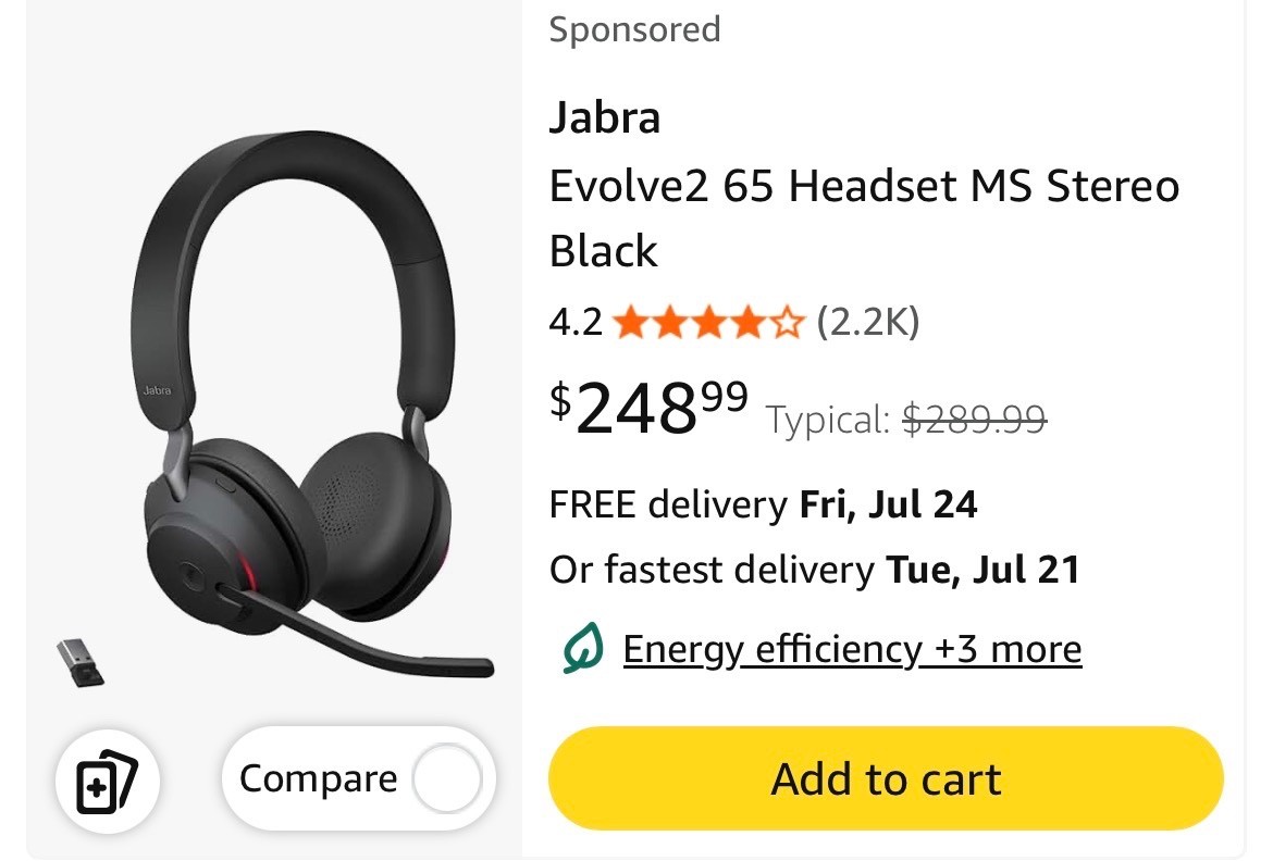 Jabra Evolve2 65 Stereo Wireless Headset (MS Teams, USB-A) - Black