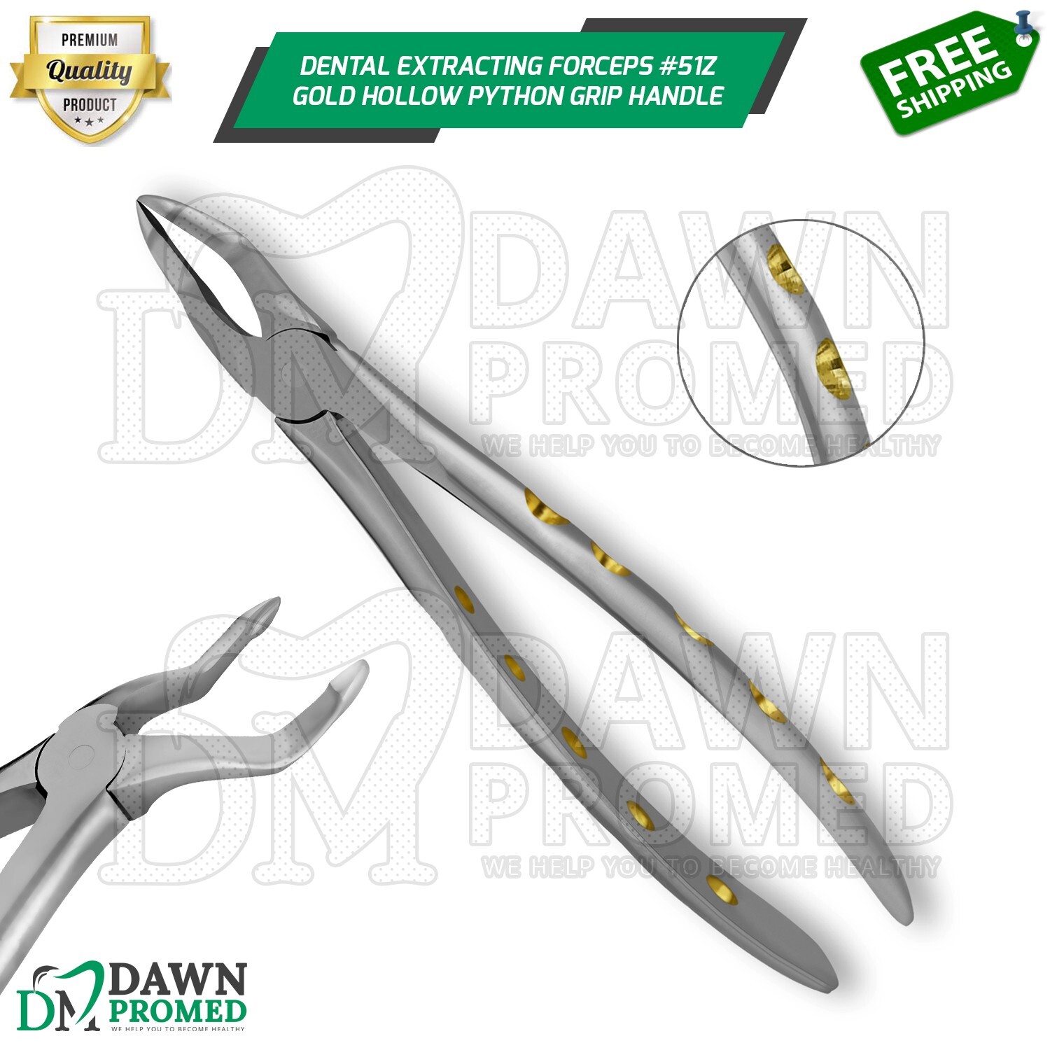 Dental Extracting Forceps #51Z Gold Hollow Python Grip Handle German Grade