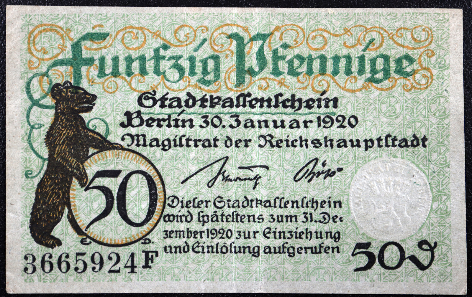 BERLIN 1920 "Berliner Bear" 50 Pfennig Complete set of one German Notgeld