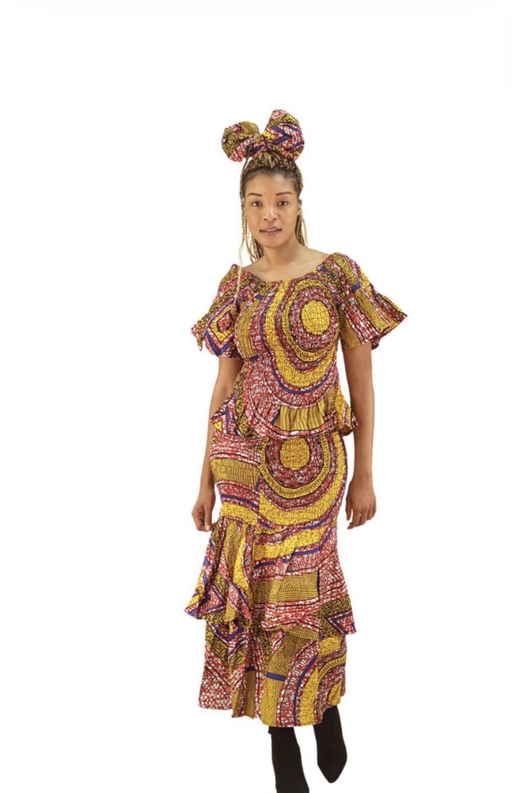 Ankara Print Short Sleeve Smocked Top Dress Set Free Size