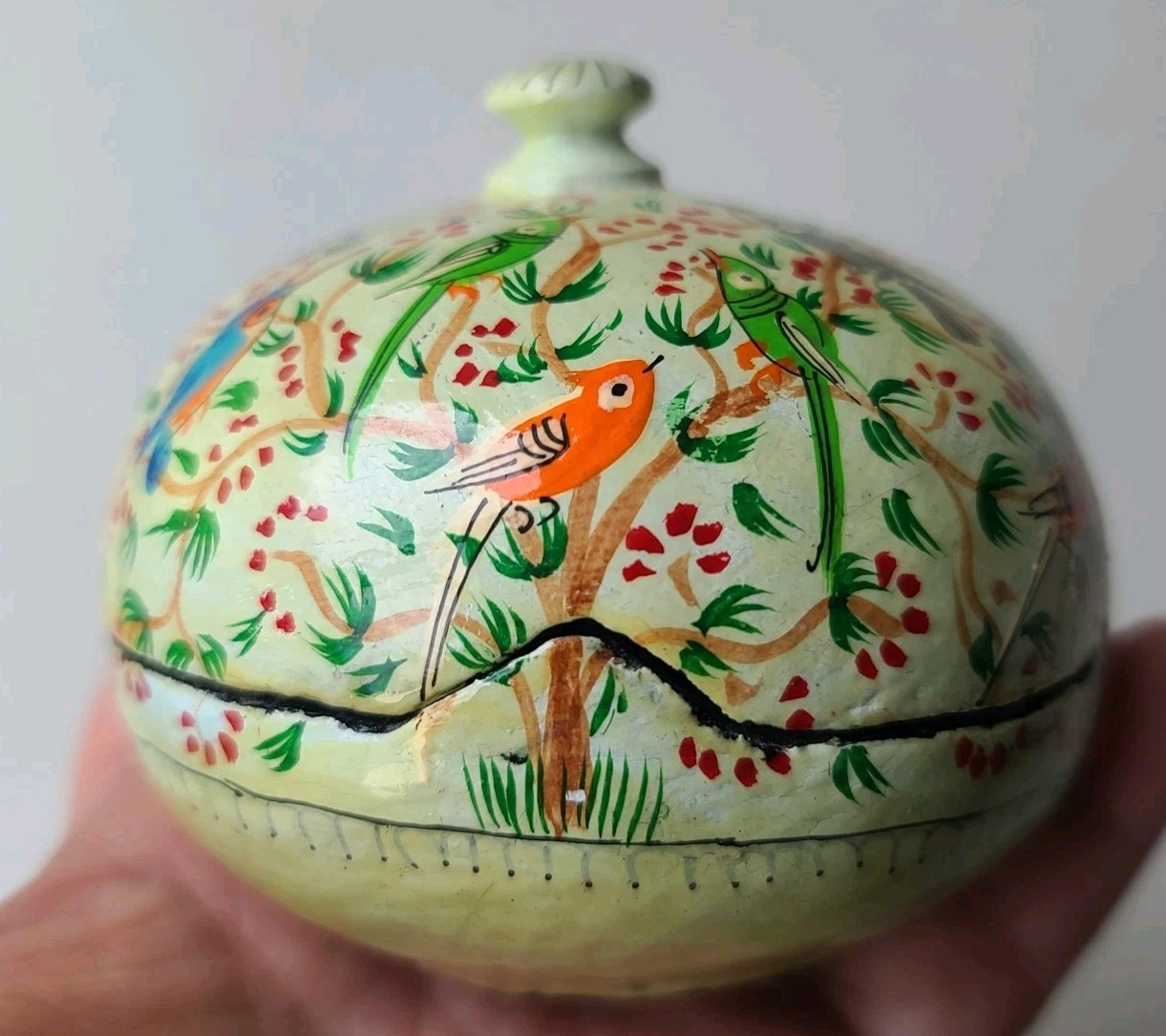 Vintage Green Jewelry Trinket Box Case Birds Kashmiri Paper Mache India Lacquer