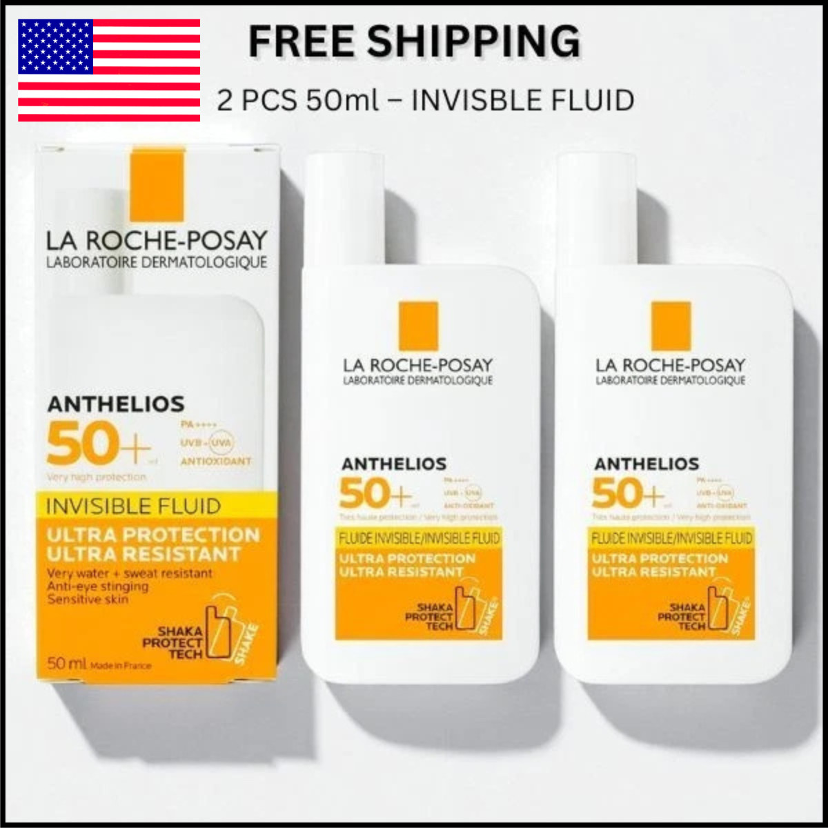 2Pcs LA ROCHE POSAY Anthelios SPF50+ Ultra Protection Invisible Fluid Cream 50ML