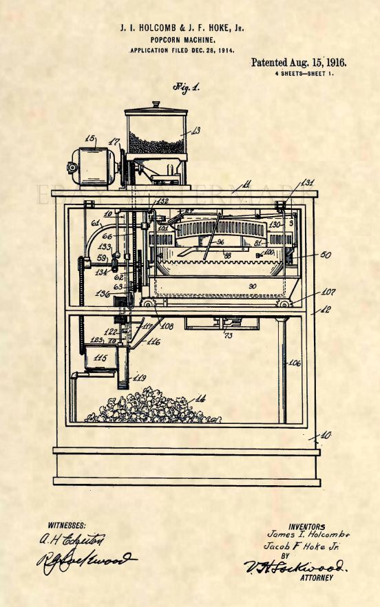Official First Popcorn Machine US Patent Art Print- Vintage Antique Movie - 290