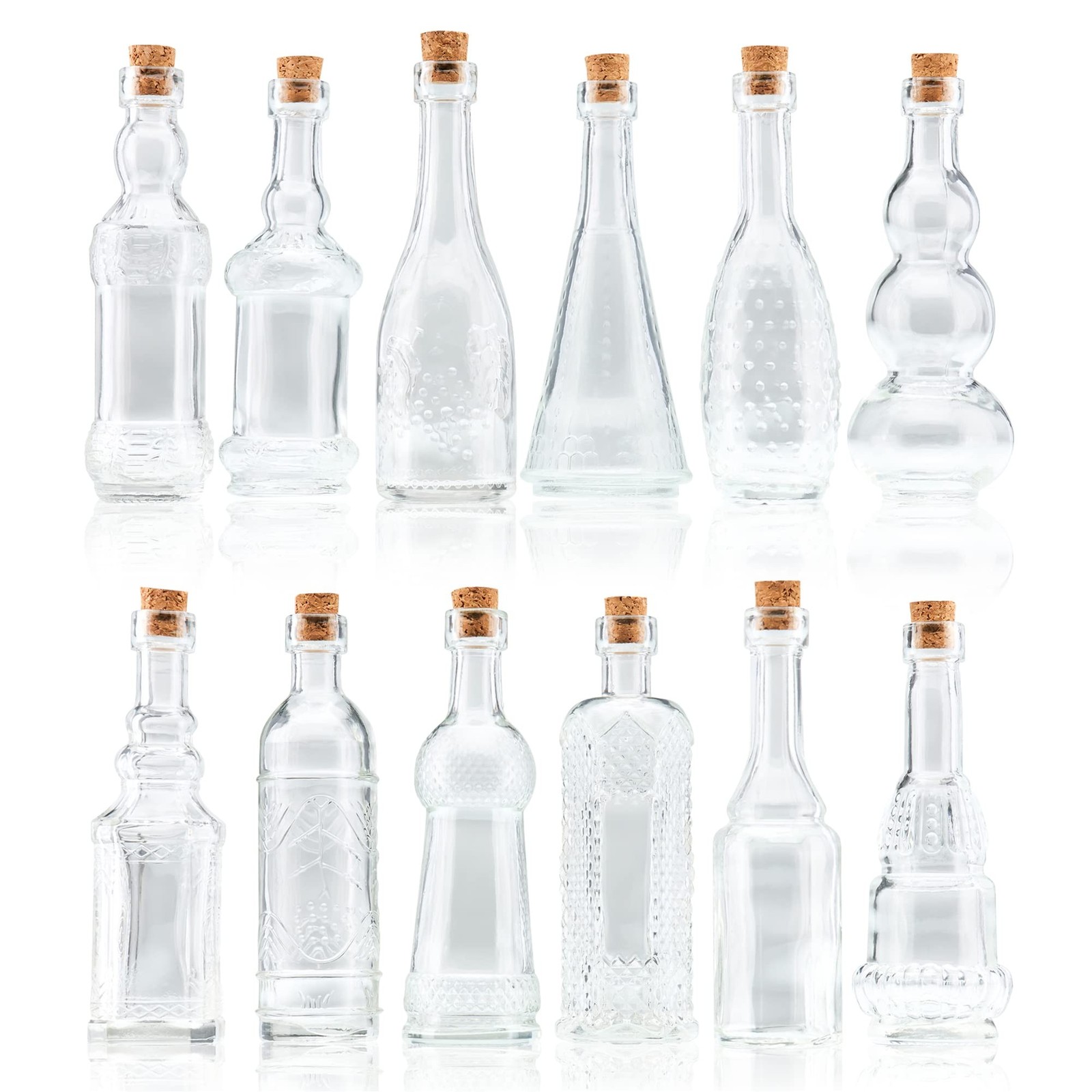 Small Mini Clear Vintage Glass Bottles with Corks, Mini Vases, Decorative, Po...