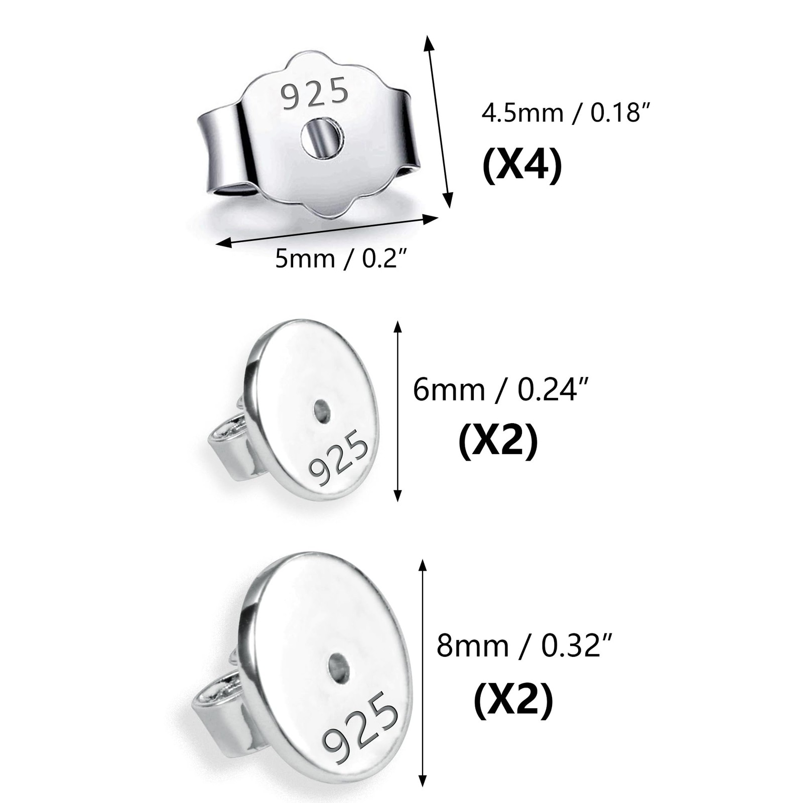 4Pairs 925 Sterling Silver Earrings Backs Replacements for Studs, Secure Earring