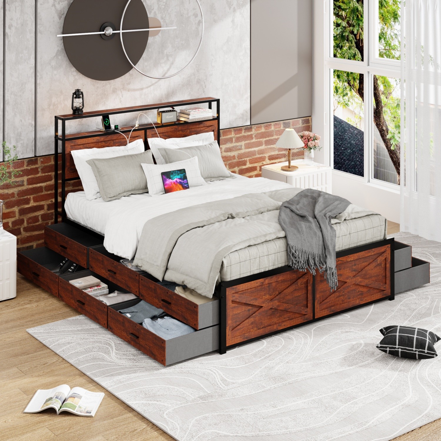 Queen Size Storage Metal Platform Bed w/ 12 Drawers & LED Headboard & USB Ports