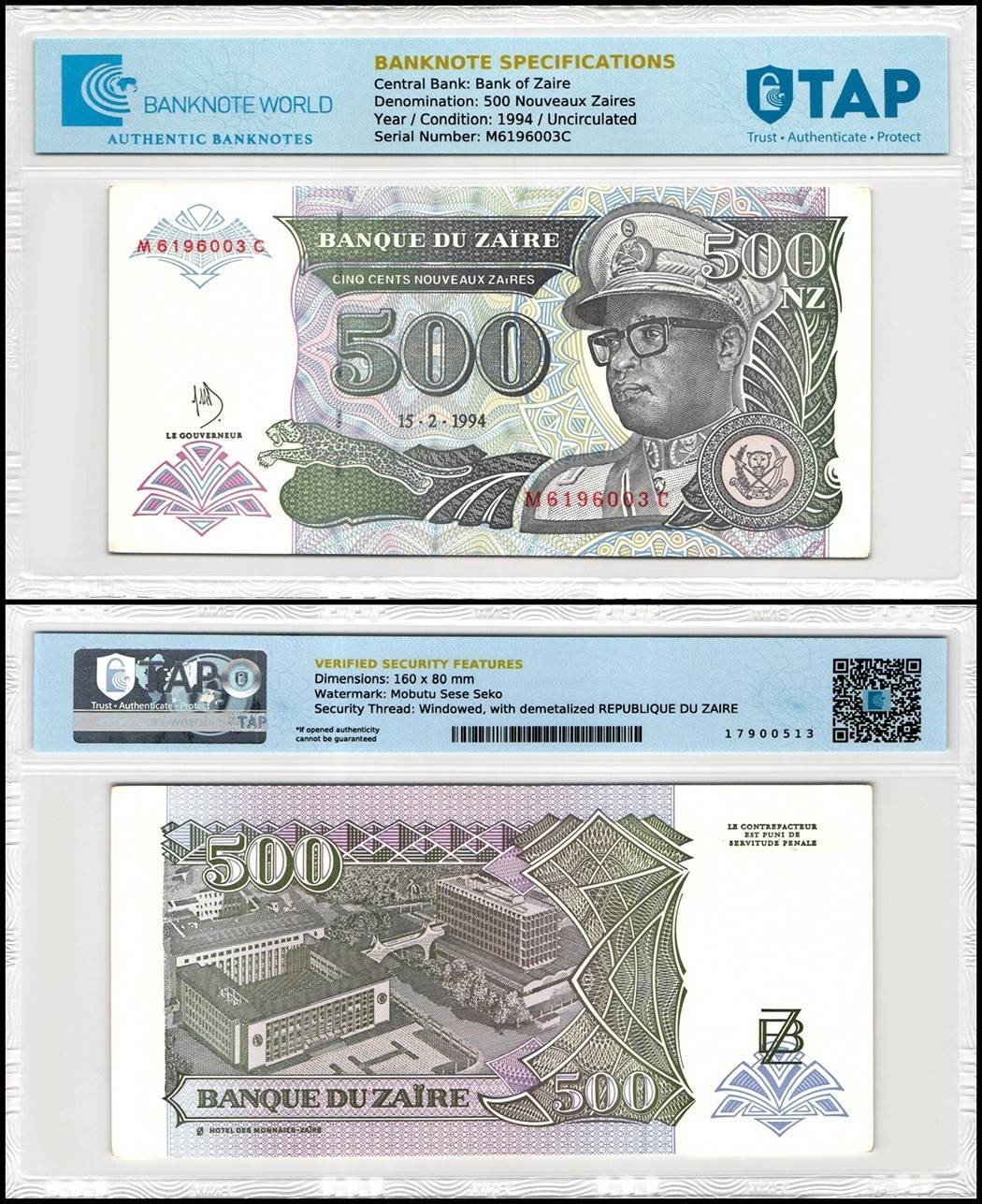 Zaire 500 Nouveaux Zaires, 1994, P-63, UNC, TAP Authenticated