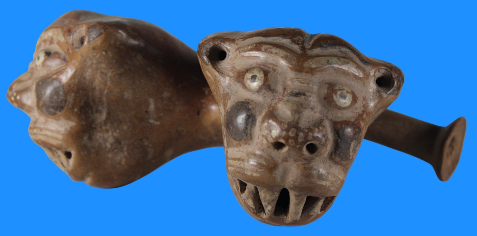 Museum Replica of a Pre Columbian Artifact Moche Double Snake War Trumpet F22