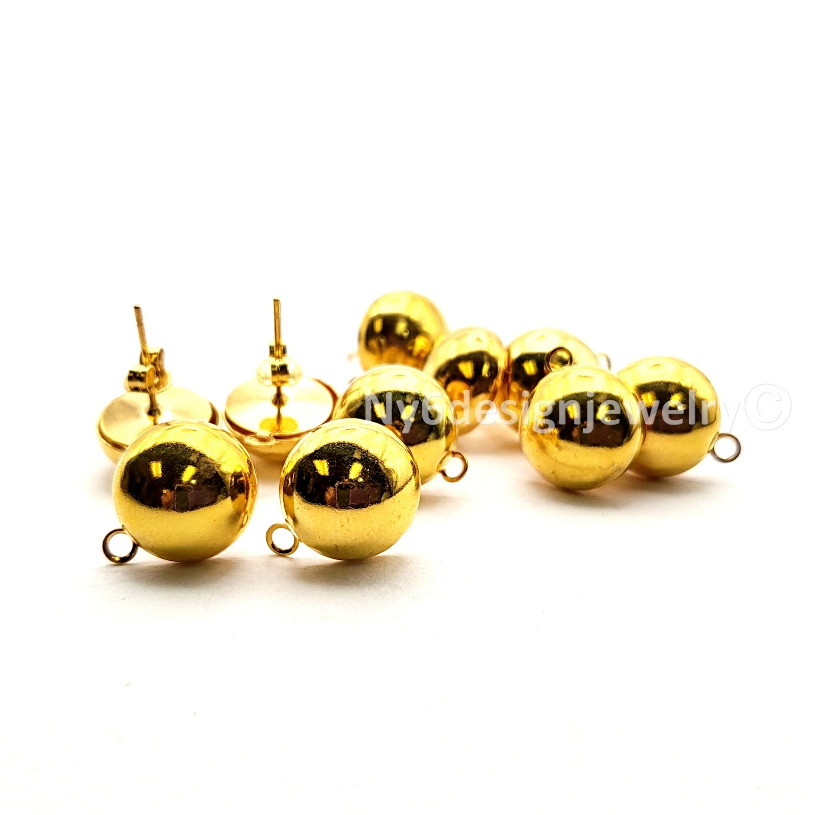 12mm Gold Plated Ball Stud Earrings with Loop 10pcs Post Earrings with Open Ring