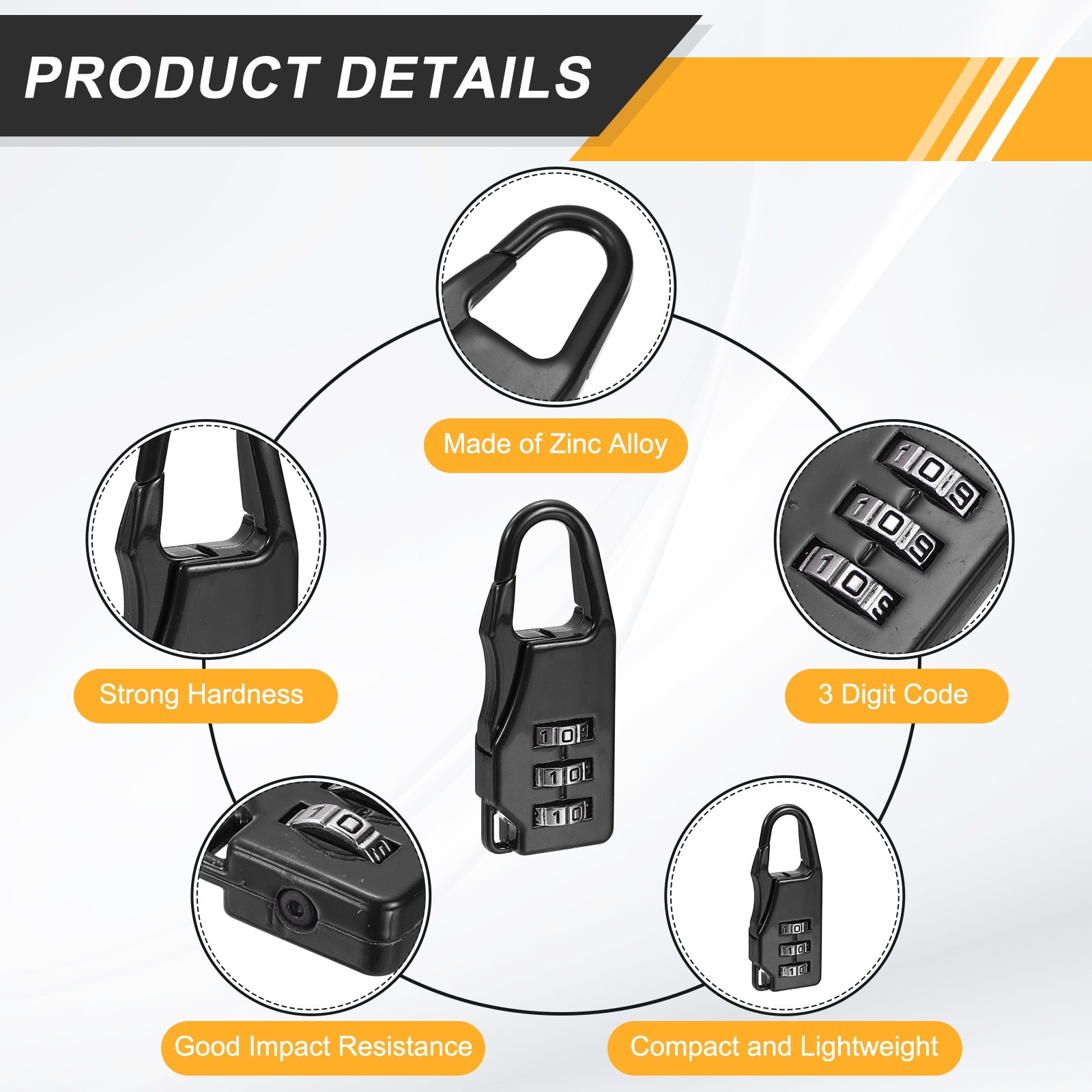 5Pcs Resettable 3 Digit Combination Lock Code Padlock, Black (55 x 21mm)
