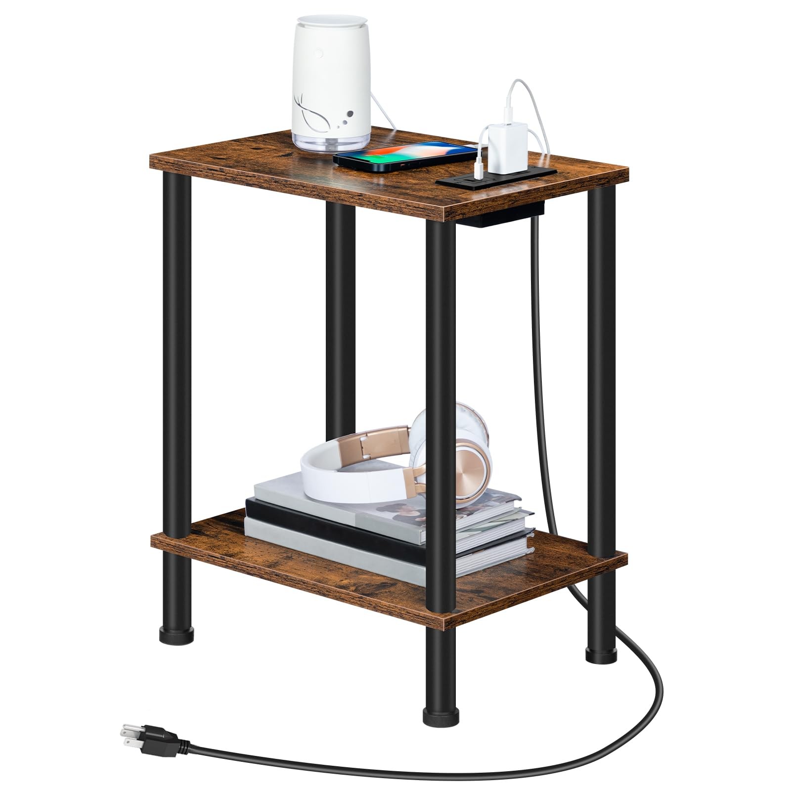 Side End Table Charging Station USB Outlet Nightstand Rustic Brown BF09UBZ01