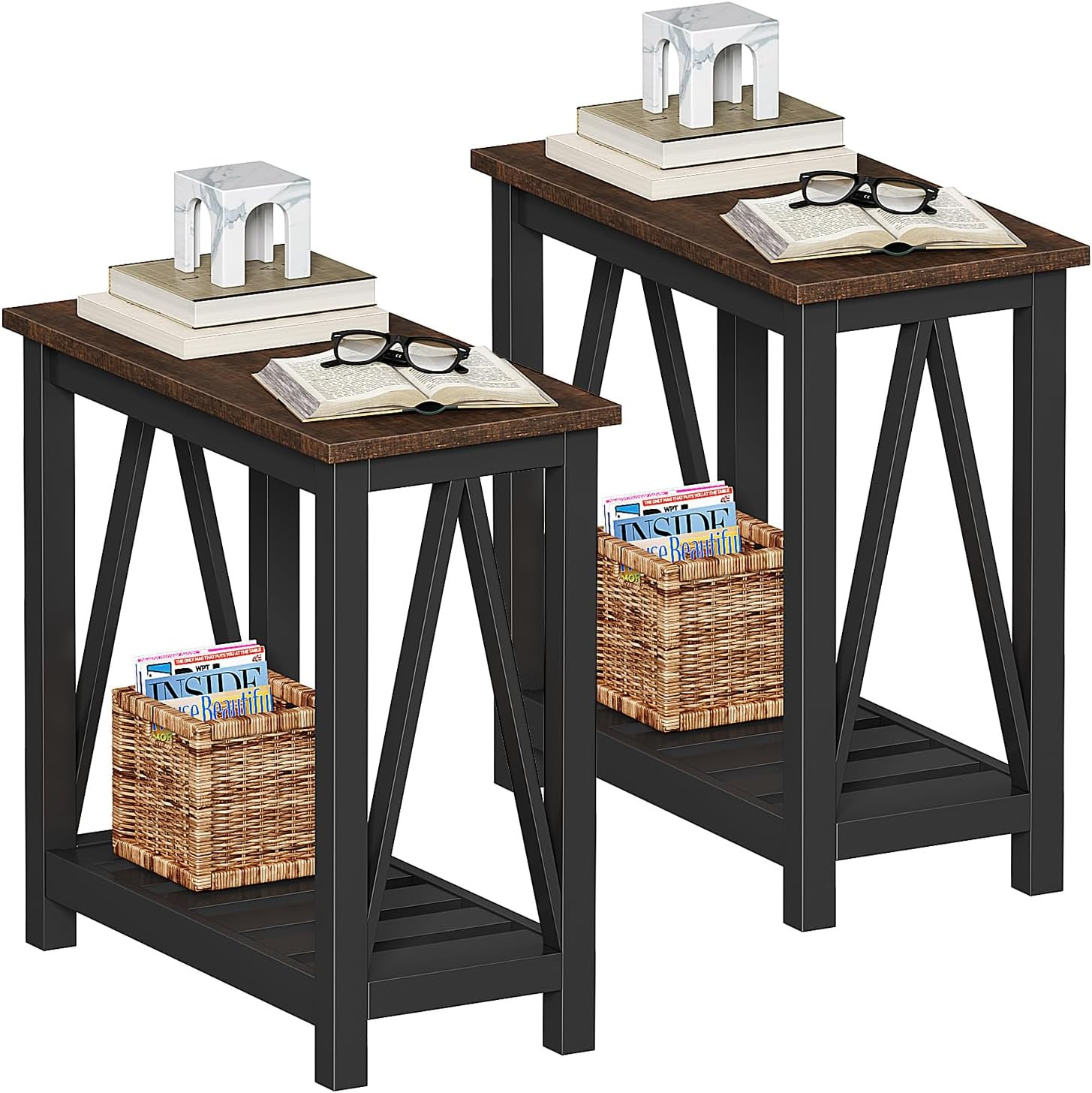 Farmhouse End Table Set of 2, Narrow Side Table with Shelf | Slim Bedside Table