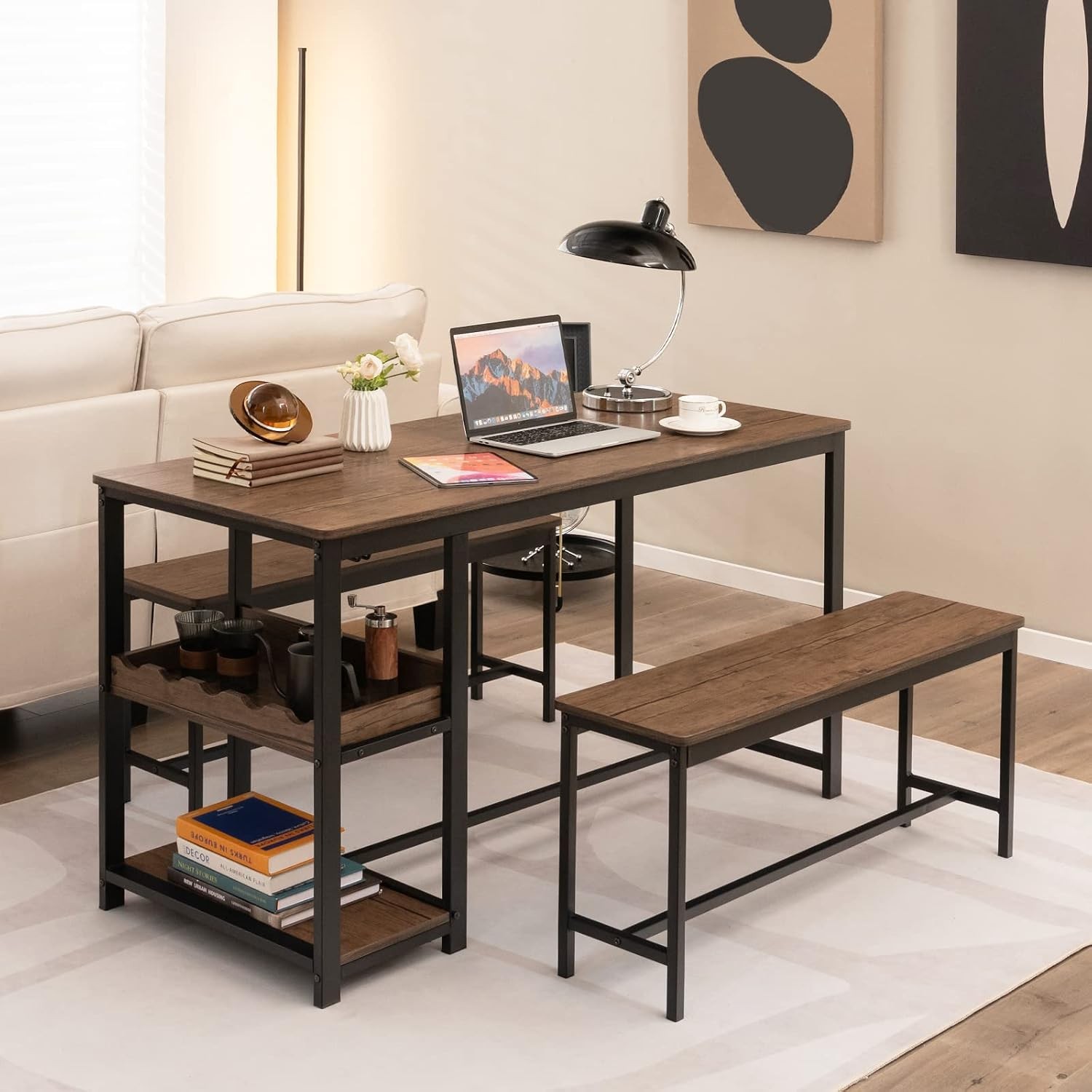 Dining Table Set for 4 3-Piece 55" L Kitchen Table Set w/ 2 Benches Breakfast