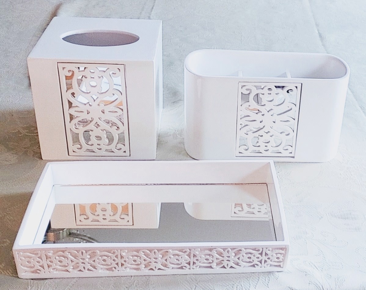 3 Pc White Mirrored Bed/Bathroom Vanity Set~Tray, Tissue Box, Hair/Make-up Org