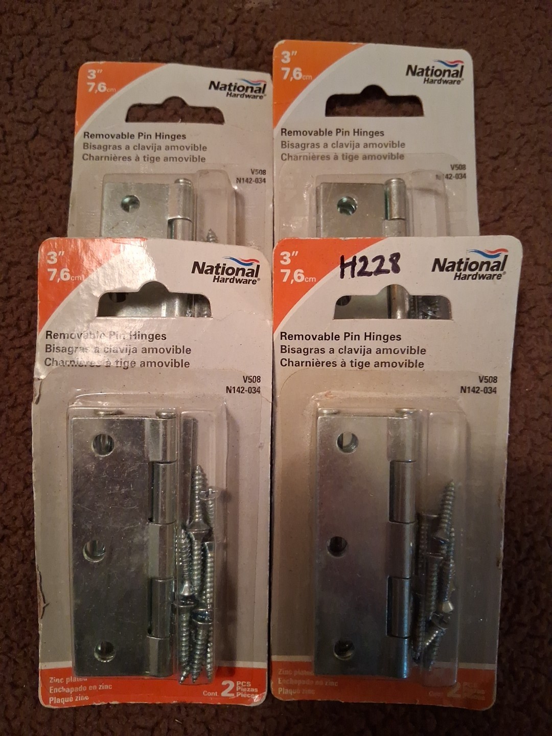 8 NATIONAL HARDWARE 3" Removable Pin Hinges N142-034 - Zinc Plated; V508
