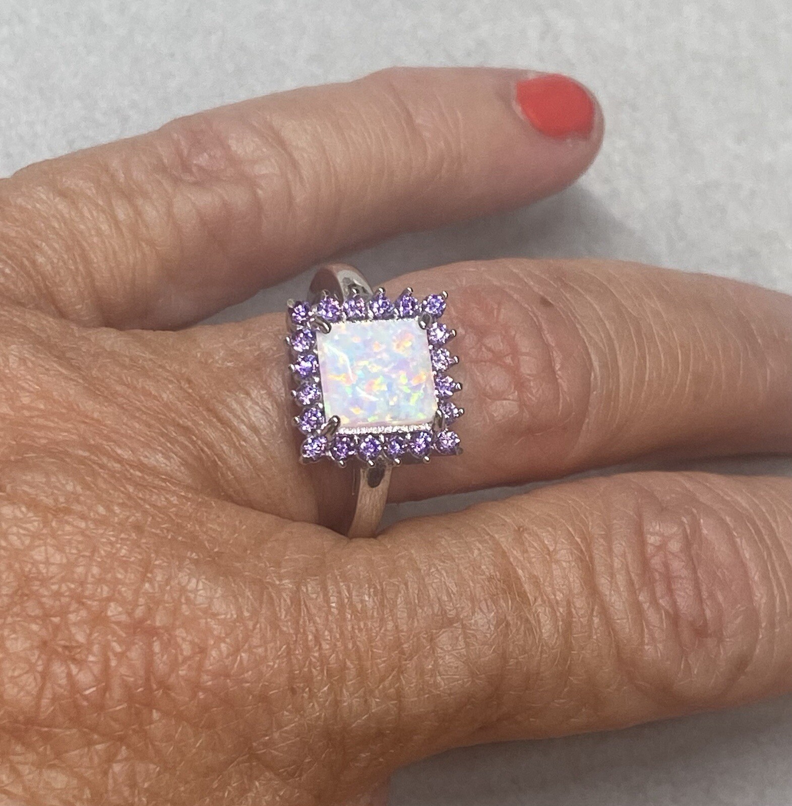 Sterling Silver Created Opal And Amethyst CZ Ring Rhodium Plated