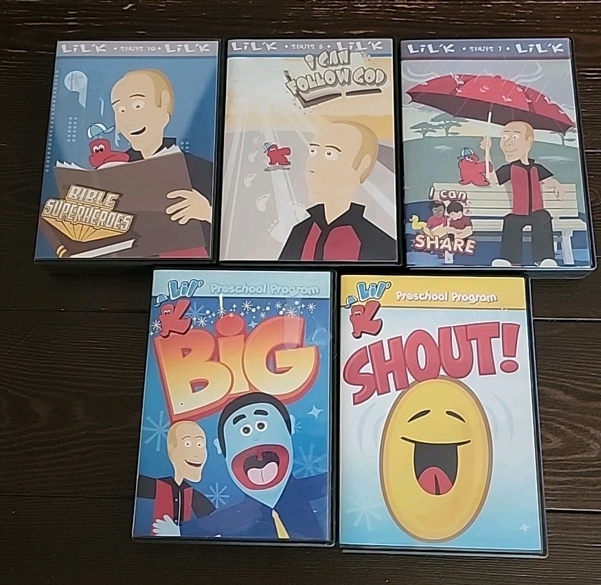 LIL'K BIBLE SUPERHERO LOT 5 , I CAN SHARE,FOLLOW GOD,SHOUT,BIG PRE SCHOOL DVD