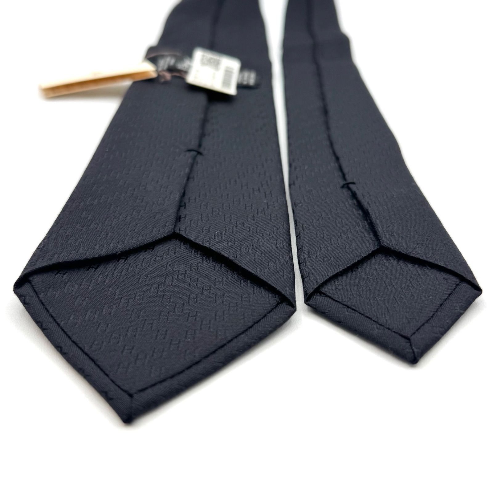 Hermes Fasone H Pattern Jacquard Black Silk Tie with Tag & Box