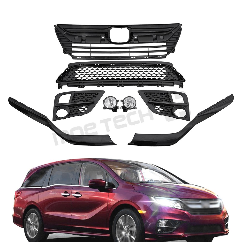 Full Black Front Lower Upper Grille Fog Light Covers For Honda Odyssey 2018-2020