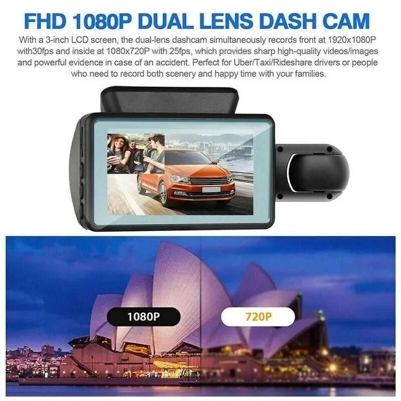 1080P Dual Lens Dash Camera G-Sensor 3-Inch Screen Full HD Recording