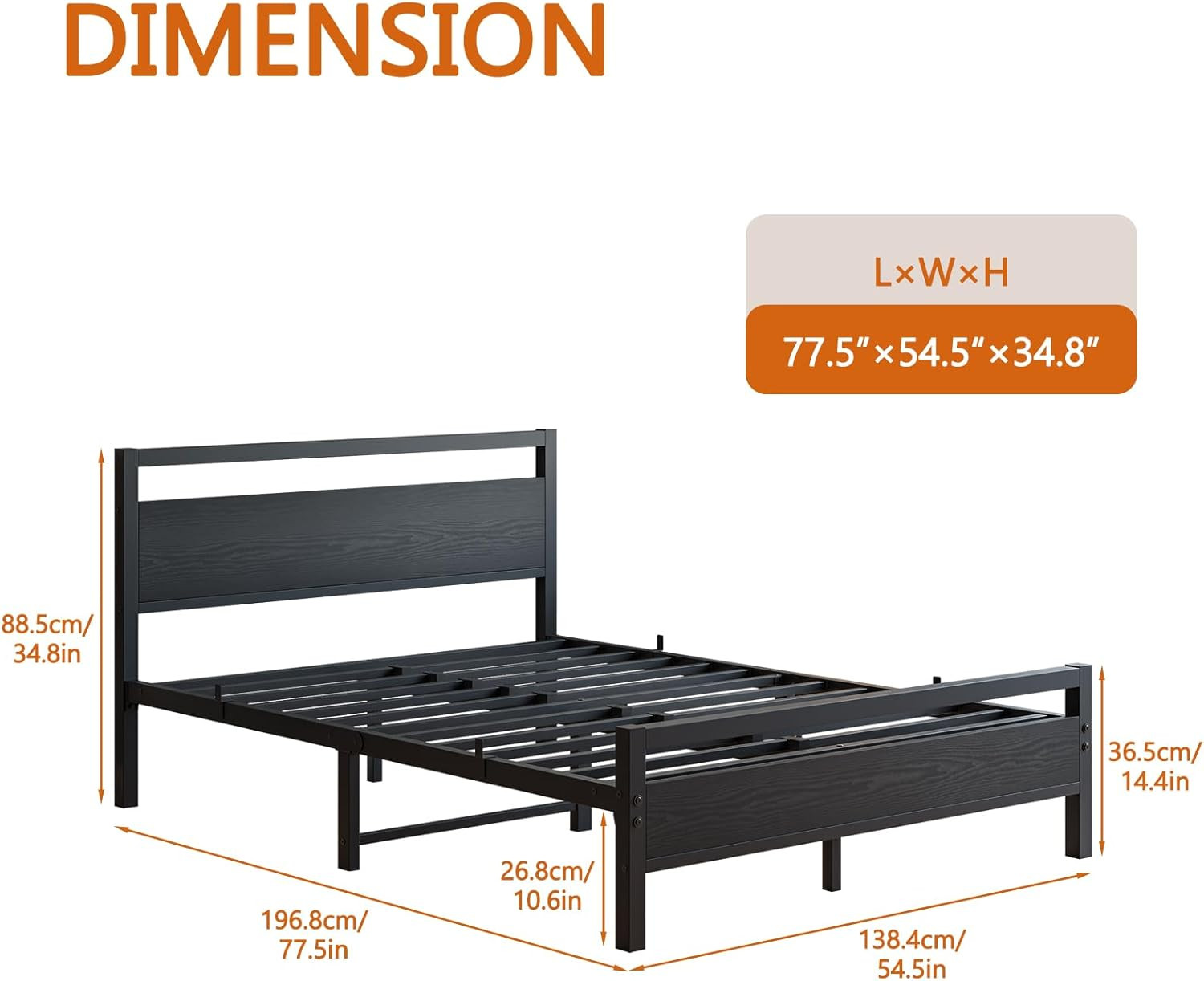 Heavy Duty Full Size Bed Frame with Wood Headboard & Storage, Black