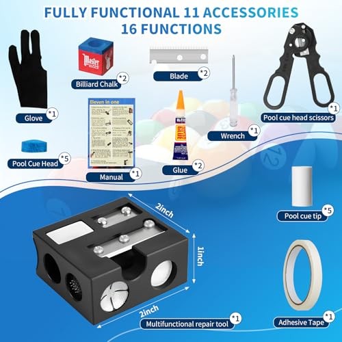 Billiards Pool Cue Tip Shaper, Pool Cue Tips Replacement Kit, Black 12 in 1