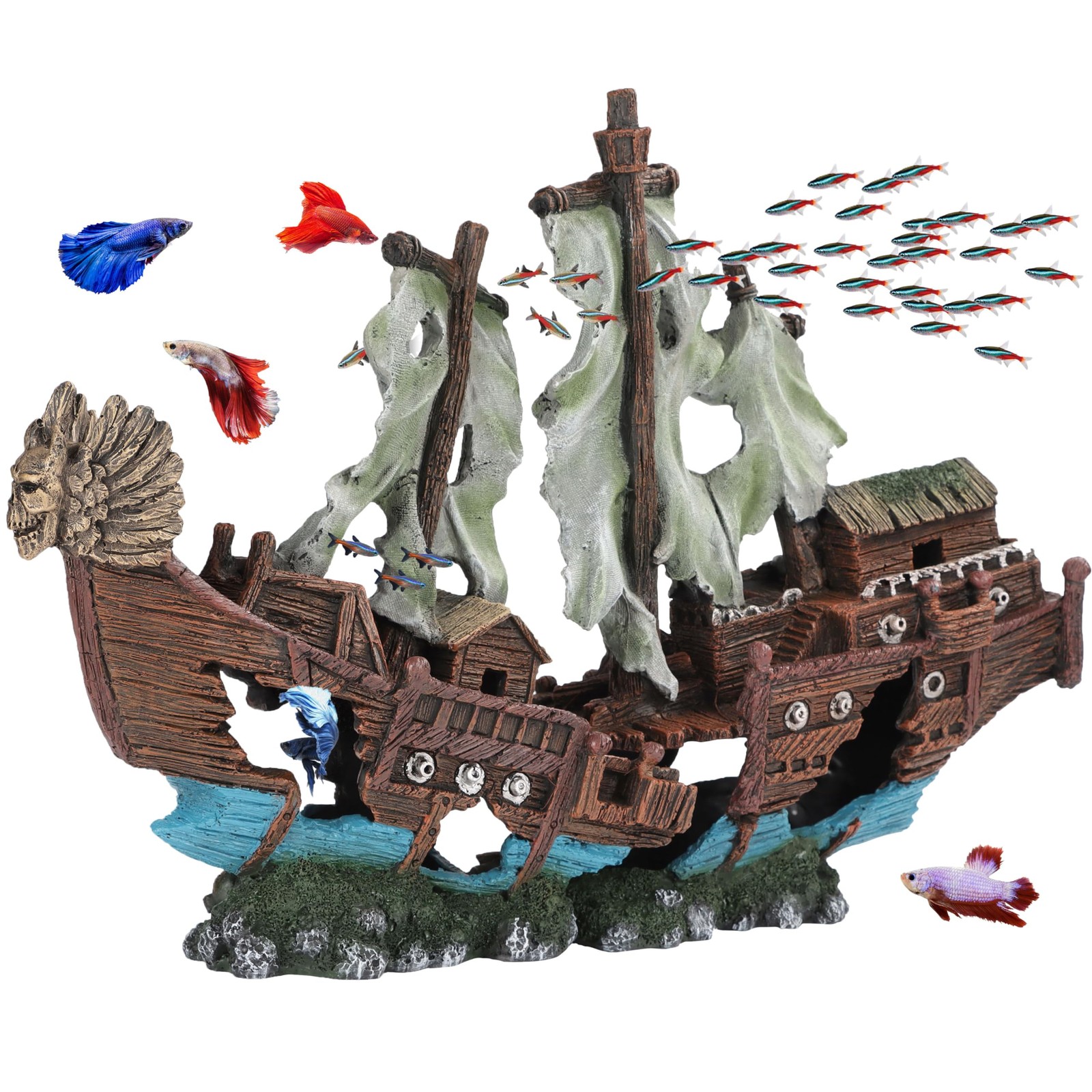 - Xxl Shipwreck Aquarium Large Decorations Ornament W/Sail 2 Pieces 20