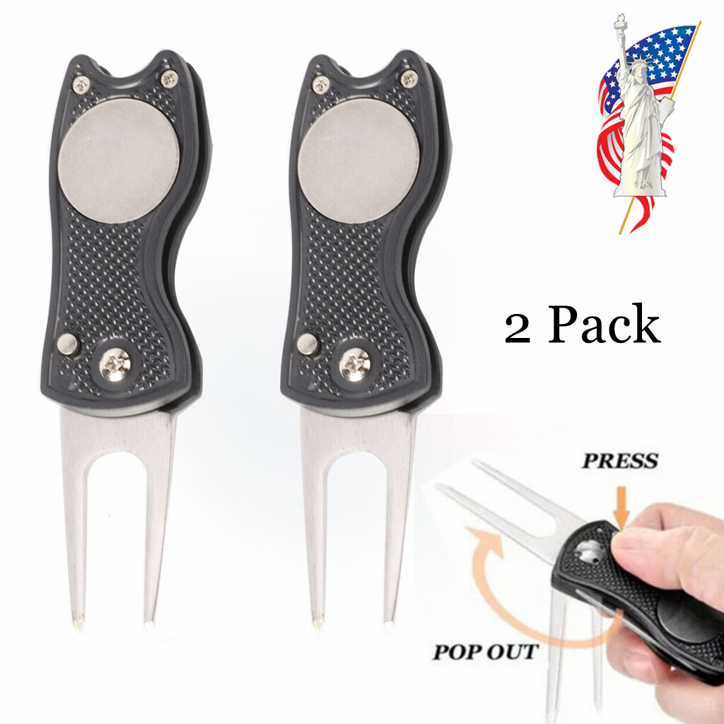 2pcs Golf Golfer Pitch Divot Repair Switchblade Tool Ball Marker Groove Cleaner
