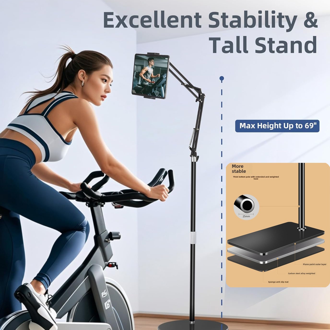 69'' Tablet Floor Stand Overhead Bed Phone Stand Angle Height Adjustable Holder