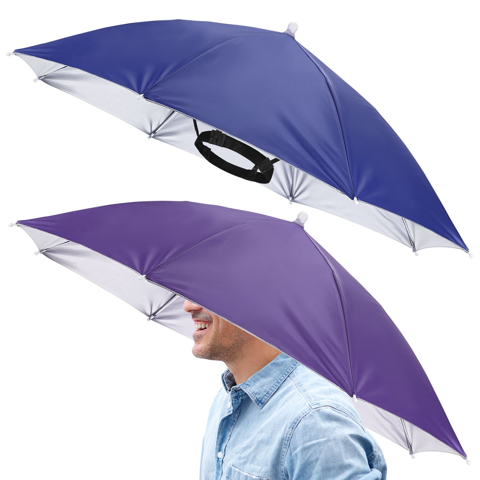 2 Pcs 26" Headband Umbrella Hat Umbrella Cap for Outdoor [Navy Blue+Purple]