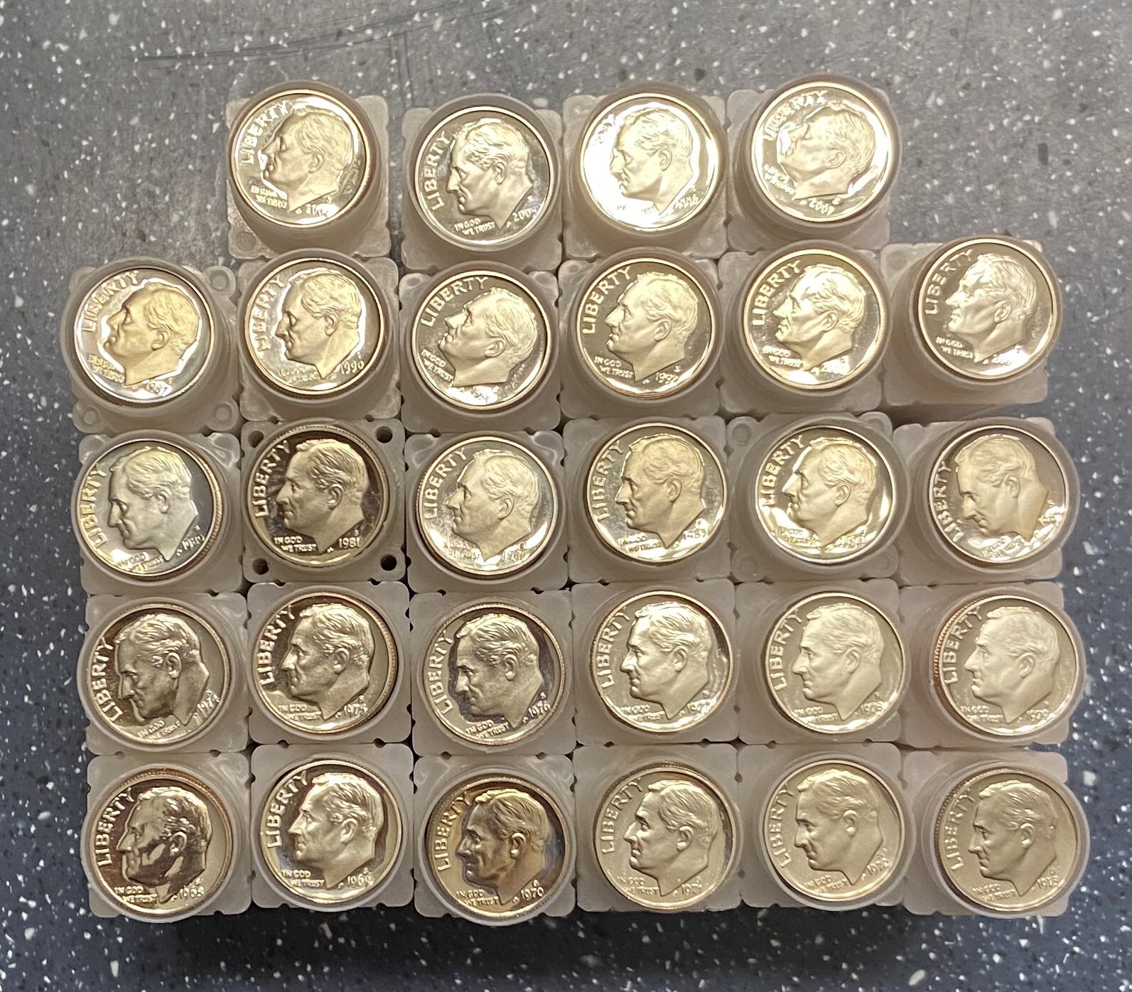 28 DIFFERENT **PROOF** ROOSEVELT DIMES IN TUBE - L@@K AT PICTURES!!!!!
