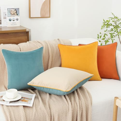 Soft Velvet Throw Pillow Covers 18x18 inch 18" x 18" (Pack of 4) Orange/Yellow
