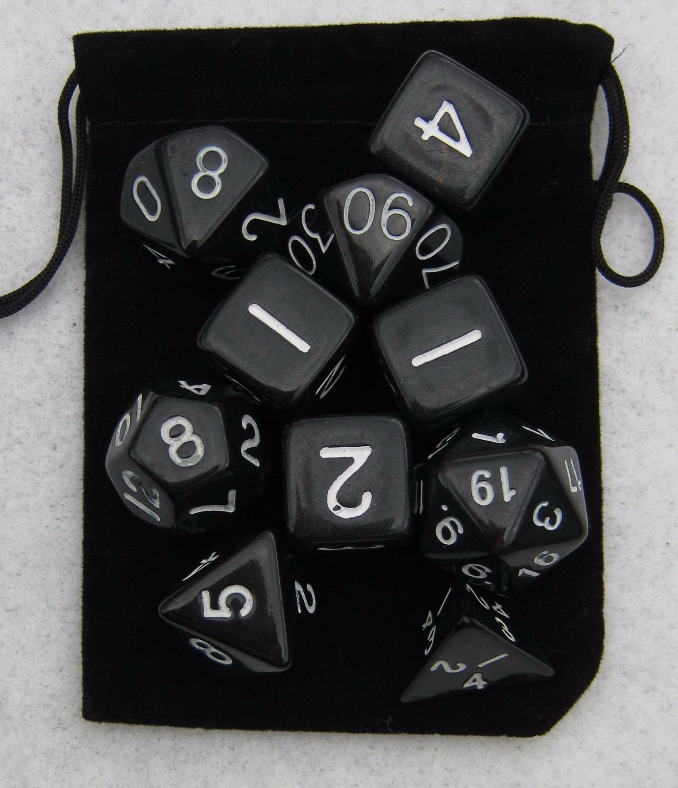 NEW Jet Black RPG Dice Set: 7 + 3d6 = 10 polyhedral die plus bag!