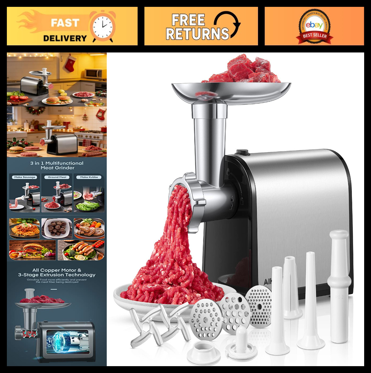 Heavy Duty Electric Meat Grinder & Sausage Stuffer, 3200W, 3 Tubes, 2 Blades, St