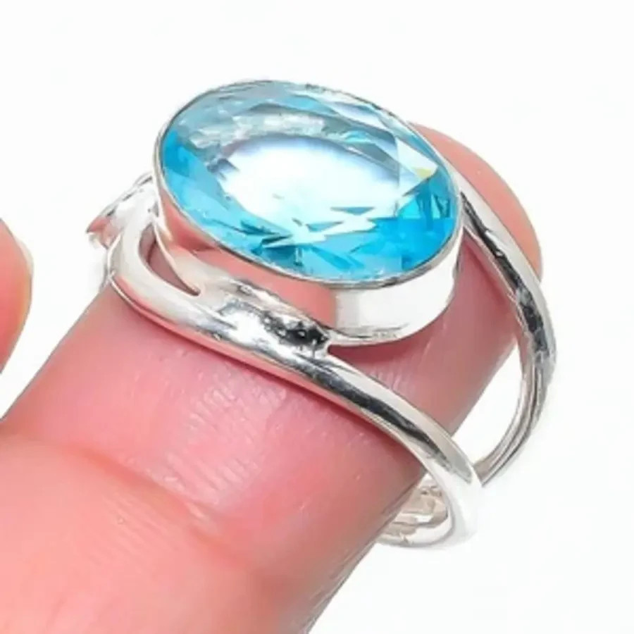Blue Topaz Gemstone 925 Sterling Silver Ring Handmade Jewelry Gift For Women
