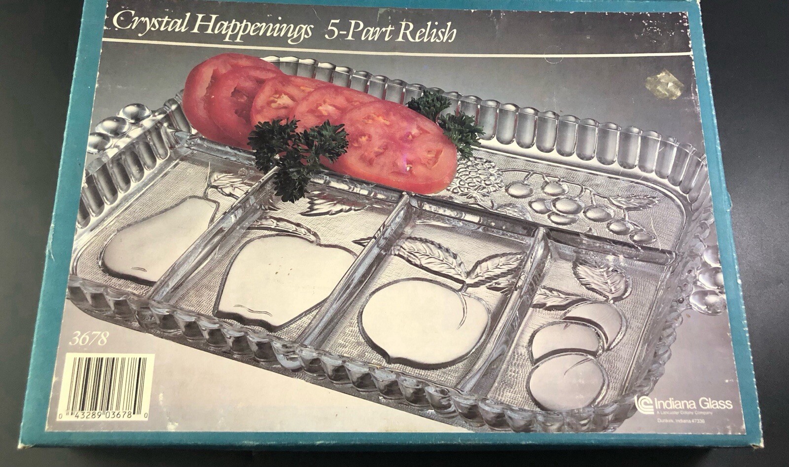 Vintage Indiana Glass Crystal Happenings Relish Dish In Box Vk02