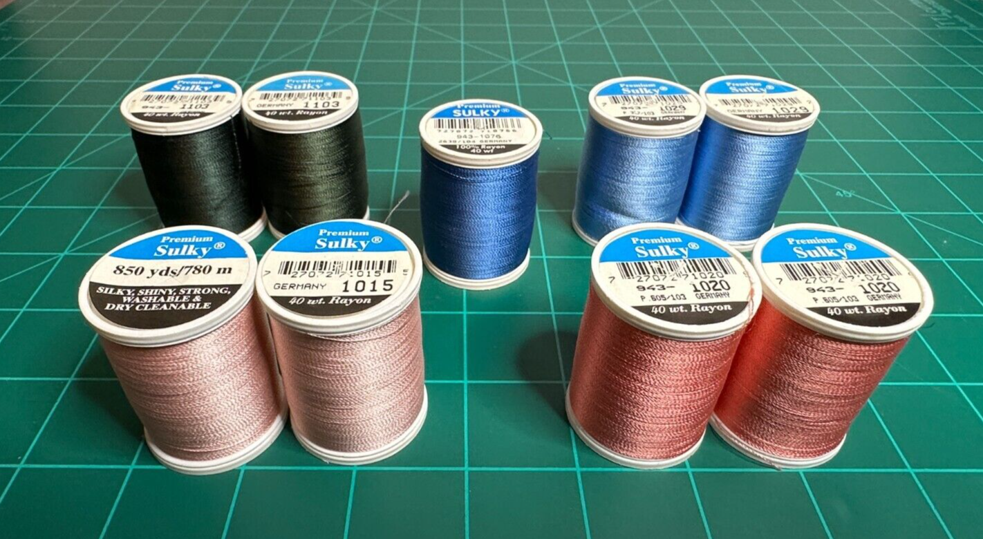 Lot of 9 Sulky Premium 40 WT Rayon Thread 850 YD Spools - Pink - Blue - Dk Green