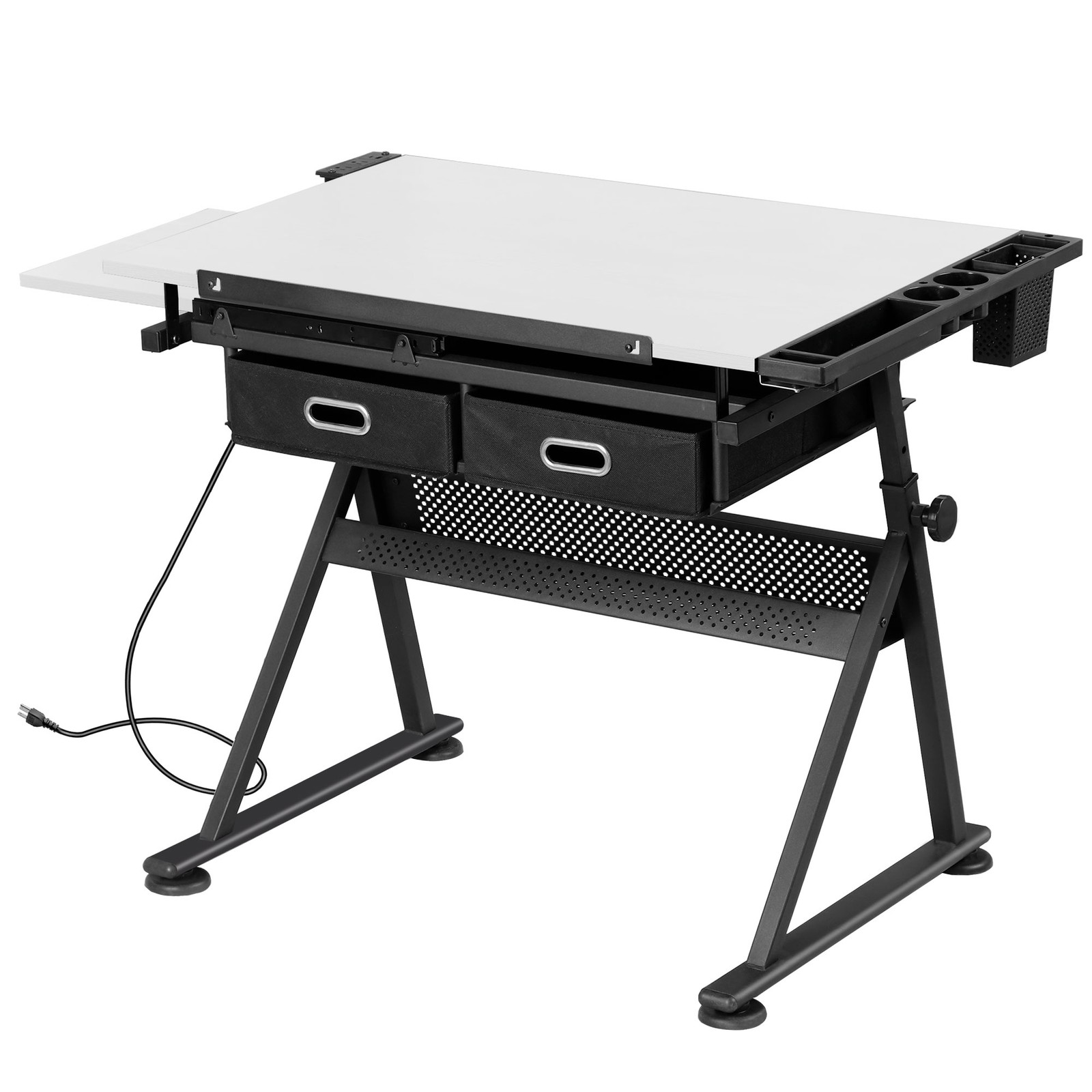 Adjustable Drafting Drawing Tiltable Table & Stool w/ 2 Drawers & Outlet White