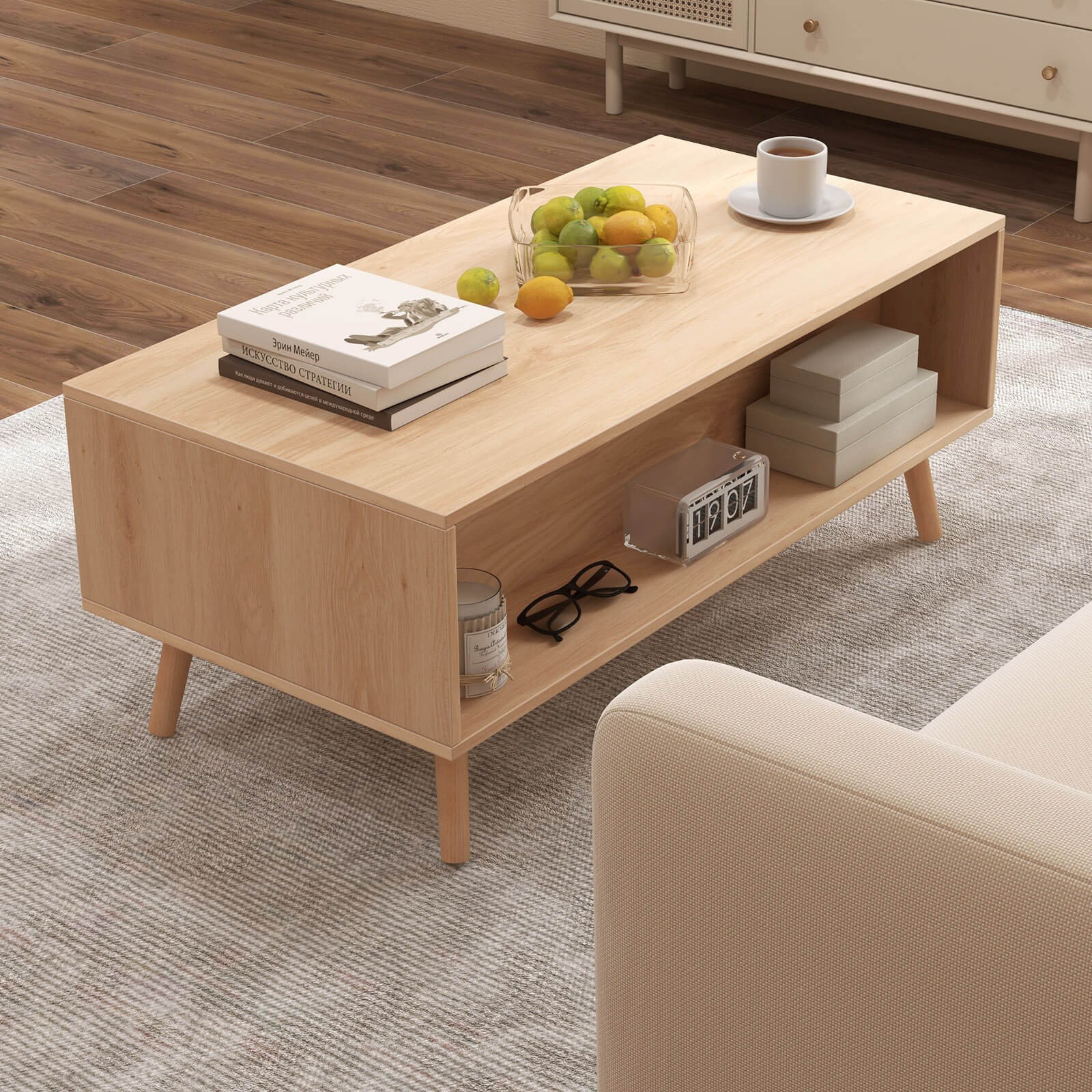 Rattan Coffee Table Mid Century Modern Center Table w/ 2 Storage Drawers