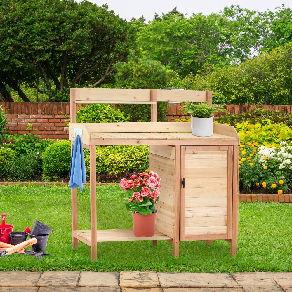 Outdoor Gardening Wood Planting Table Workstation Potting Bench w/ Sink&Storage